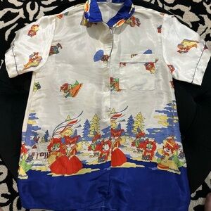 Vintage Vietnam Cartoon Silk Like Button Down Shirt 1970’s Streetwear Fun Unique